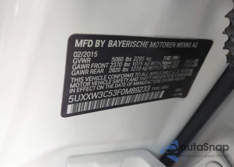 2015 BMW X4 xDrive28I z USA, uszkodzony, nr VIN 5UXXW3C53F0M89233